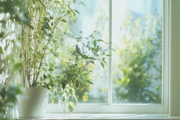 Poster - Bright garden visible through a window with greenery enhancing the indoor atmosphere during a sunny day. Generative AI