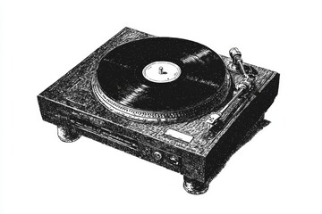 Poster - A minimalist concept of a retro turntable with a spinning vinyl record, reduced to clean, bold shapes in black and white