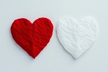 Poster - A minimalist flat design of two overlapping Valentine hearts in vibrant red and white, creating a striking contrast