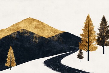 Poster - A minimalist illustration of a highway disappearing into the horizon, with simple clean lines and muted colors