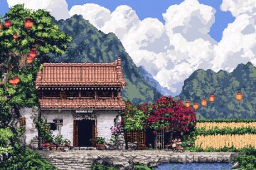 Poster - A pixel art depiction of a Hmong festival in a colorful village, with tiny characters wearing traditional attire, lanterns floating, and rice fields in the background, all rendered in vibrant