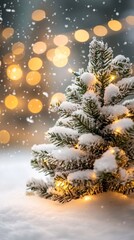 Wall Mural - Magical winter scene with snow-covered evergreen tree branches illuminated by warm golden bokeh lights creating festive Christmas atmosphere during gentle snowfall.