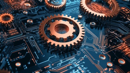 Poster - Circuit Board in the form of gears. Microchip gears background. High- tech vector illustration of a gear made of microchips. Electronic Board on a white background.