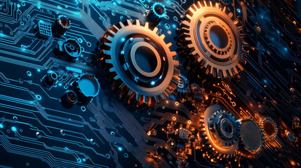 Poster - Circuit Board in the form of gears. Microchip gears background. High- tech vector illustration of a gear made of microchips. Electronic Board on a white background.