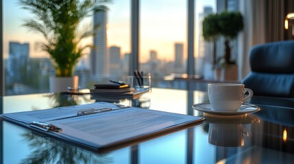 Wall Mural - Business meeting setup with city skyline at sunset in a modern office environment