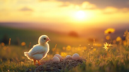 Poster - Cute chick standing on a nest with eggs at sunset.