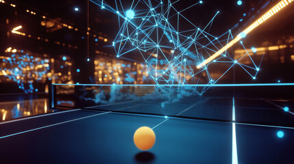 Poster - the hologram table tennis. a racket and a ball made of polygons, triangles of points and lines. pinp