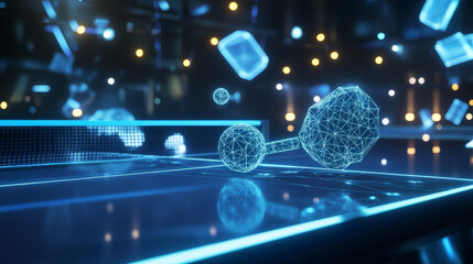 Poster - the hologram table tennis. a racket and a ball made of polygons, triangles of points and lines. pinp