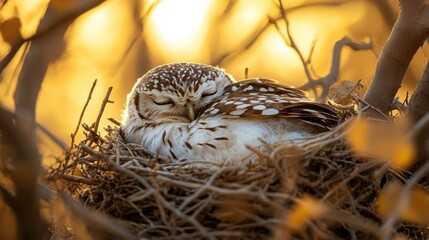 Sticker - Little owl sleeping peacefully in its nest at sunset.