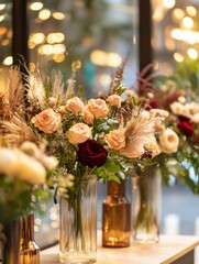 Poster - Stylish storefront display featuring elegant flower arrangements in glass vases. Generative AI