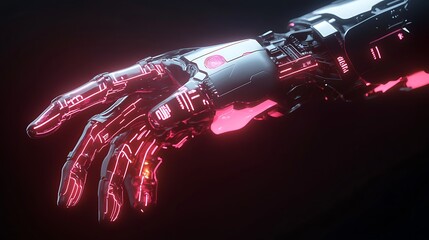 Futuristic robotic hand with pink neon lights, close-up view.
