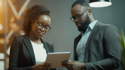 Aufkleber - In a contemporary office environment, two professionals engage in a dynamic discussion while examining a tablet. Their collaboration highlights teamwork in a productive atmosphere