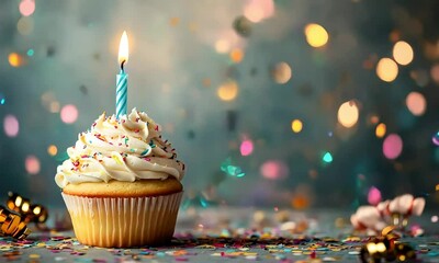 Wall Mural - Festive cupcake with a lit candle and colorful sprinkles surrounded by confetti and warm bokeh lights in the background