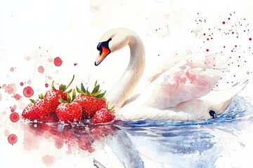 Sticker - Elegant White Swan Surrounded by Fresh Strawberries