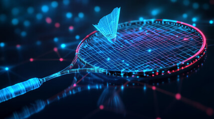 Poster - hologram of badminton. racket and shuttlecock made of polygons, triangles of points and lines. badmi