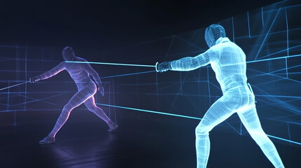 Poster - hologram fencing. swords for fencing from polygons, triangles of points and lines. fencing is a low-