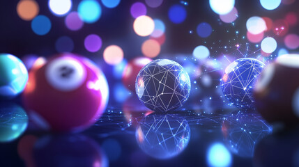 Poster - the billiard hologram. billiard balls made of polygons, triangles of points and lines. billiard is a