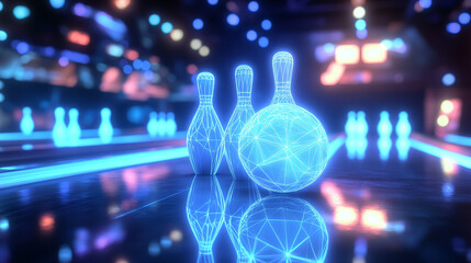 Poster - hologram bowling. skittles and a bowling ball made of polygons, triangles of points and lines. bowli