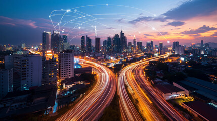 Poster - Nighttime cityscape showcasing urban flow and connectivity with light trails and digital elements above the skyline