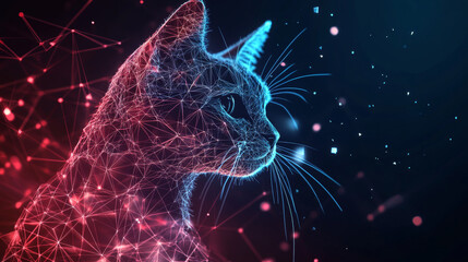 Poster - a hologram of a cat. the cat's face consists of polygons, triangles of points and lines. the cat fac