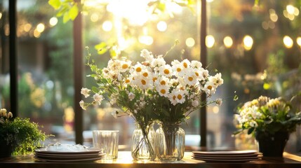 Poster - Elegant storefront display features vibrant flowers in glass vases with warm sunlight illuminating the setup. Generative AI