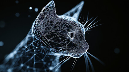 Poster - a hologram of a cat. the cat's face consists of polygons, triangles of points and lines. the cat fac