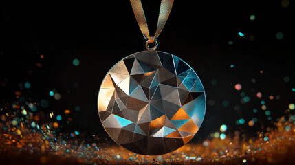 Poster - a hologram of the medal. a medal made up of polygons, triangles, points, and lines. premium low-poly