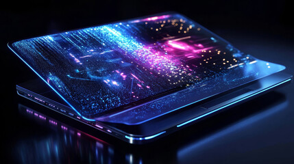 Poster - The laptop is a hologram. Holographic projection laptop. Flickering energy flux of particles. The scientific design of the laptop
