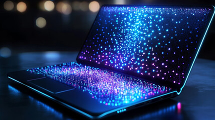 Poster - The laptop is a hologram. Holographic projection laptop. Flickering energy flux of particles. The scientific design of the laptop