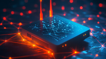Poster - hologram router. wireless internet from polygons, triangles, points and lines. the router has a low-