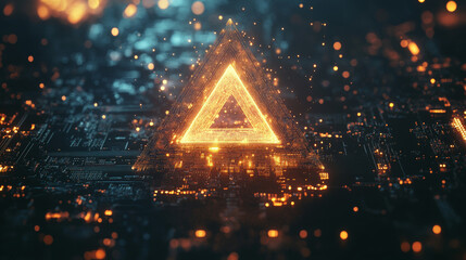 Poster - Hologram microprocessor. The processor consists of polygons, triangles, points, and lines. A microchip processes the lowpoly structure of the compound. The technology concept.