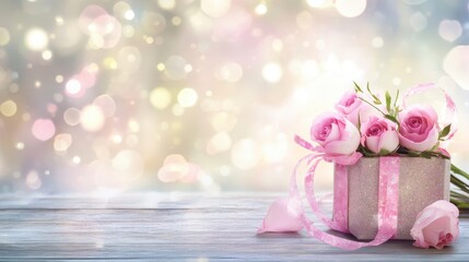 Wall Mural - Pink roses bouquet in a gift box on wooden surface with bokeh background.