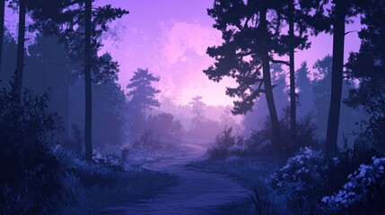 Wall Mural - Serene path through a purple twilight forest.