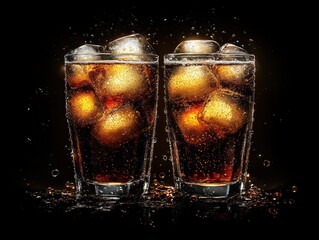Poster - Two glasses of cola with ice cubes, splashing, on black background.