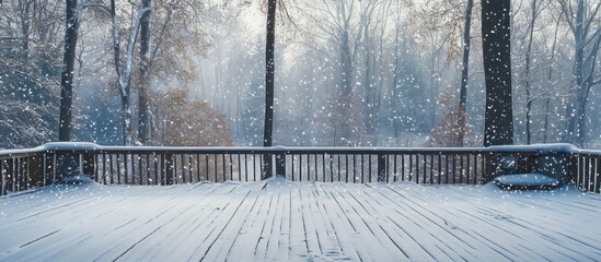 Aufkleber - Snowy winter scene on a wooden deck overlooking a snow-covered forest.