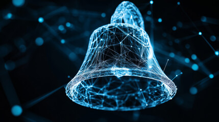 Poster - a hologram of a bell. notifications of polygons, triangles of points, and lines. the bell is a low-p