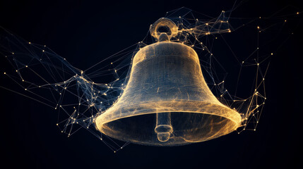 Poster - a hologram of a bell. notifications of polygons, triangles of points, and lines. the bell is a low-p