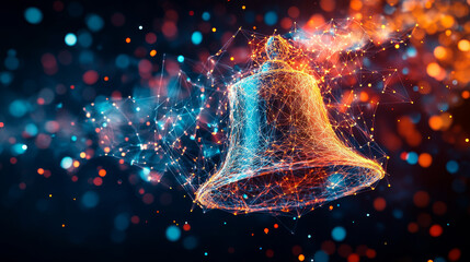 Poster - a hologram of a bell. notifications of polygons, triangles of points, and lines. the bell is a low-p