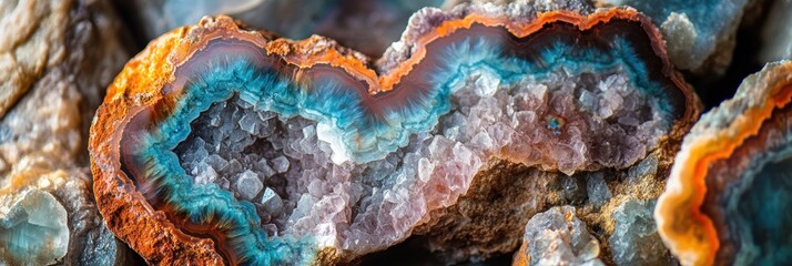 Poster - Vibrant agate geode close-up showcasing intricate textures and colorful layers of orange, teal, and purple crystals.