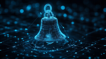 Poster - a hologram of a bell. notifications of polygons, triangles of points, and lines. the bell is a low-p