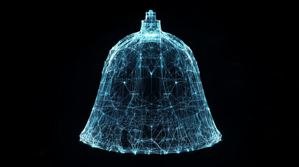 Poster - a hologram of a bell. notifications of polygons, triangles of points, and lines. the bell is a low-p