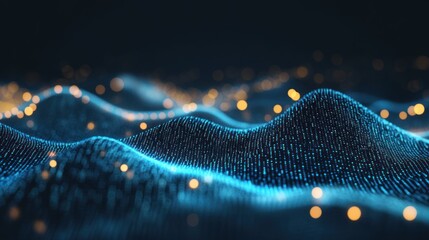 Poster - Abstract digital wave background with glowing particles.