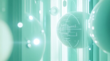 Poster - Abstract teal spheres with glowing lines and data, futuristic digital background.