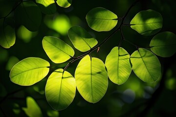 Aufkleber - Sunlight illuminating vibrant green leaves on a branch.