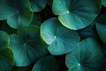 Leinwandbilder - Lush green foliage with round, veined leaves creating a natural texture background.