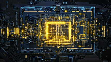 Poster - Close-up of illuminated central processing unit on circuit board.