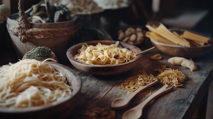 Poster - Rustic wooden table with various types of pasta in bowls.