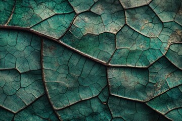 Fototapete - Close-up of a teal leaf's intricate vein pattern and texture.