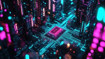 Poster - Futuristic cyberpunk city built on a central processor.