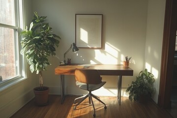 Poster - Sunlit home office with wooden desk, chair, plants, and framed artwork.